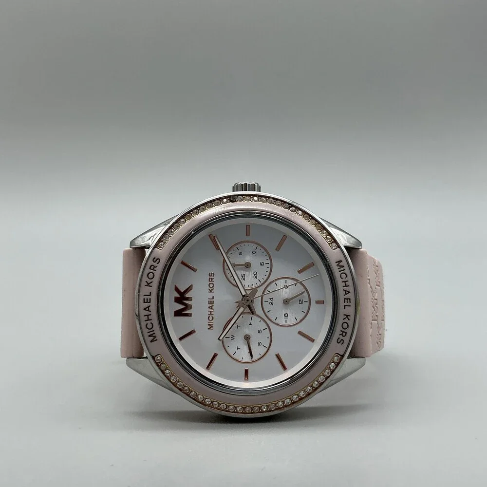 Michael Kors Womens Watch 40mm Silver Tone Pink Crystals Day Date Silicone Band